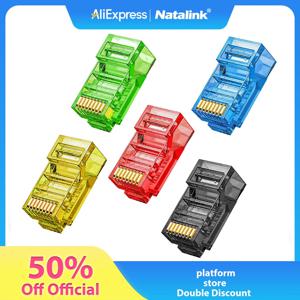 나탈링크 RJ45 CAT6 CAT5e 패스스루 커넥터 모듈러 플러그 8P8C 크리스탈 엔드 도금 솔리드 또는 스트랜디드 UTP 네트워크 케이블
