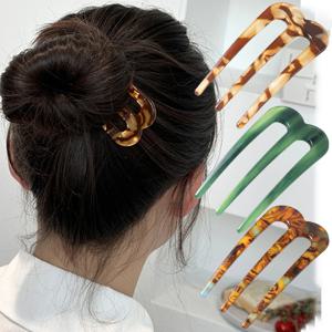 아세트산 헤어 포크 세 치아 헤어 스틱 U 자형 헤어 빗 롤빵 머리핀 여자 여자 헤어 스타일 헤어 액세서리 머리띠
