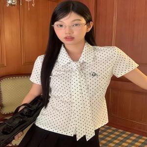 귀여운 도트 레이스 업 셔츠 여성 달콤한 짧은 소매 한국 블라우스 패션 프레피 스타일 우아한 여름 여성 자수상의