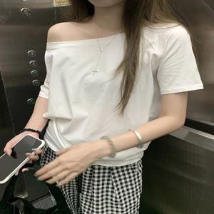 오픈 숄더 탑 여성 여름 탑 원 숄더 반소매 티셔츠 화이트 블랙 오프 숄더 한국 캐주얼 코튼 티셔츠