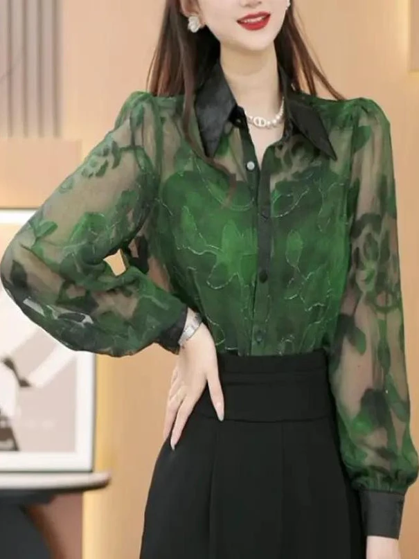 세련된 프린트 긴팔 셔츠 여성용 봄 가을 다용도 슬리밍 셔츠 통근 스타일 루즈핏 폴로 칼라 버튼업