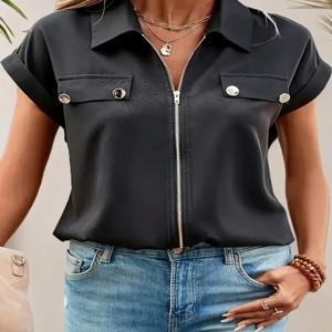 플러스 사이즈 1XL-5XL 여성용 블랙 지퍼 업 블라우스 버튼 옷깃 블라우스 셔츠 여성용 캐주얼 반소매 우아한 솔리드 컬러 셔츠