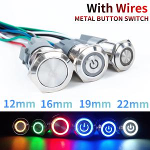 16, 19, 22mm, 전선 포함, 방수, 금속 푸시 버튼 스위치, LED 링/전원 표시등, 순간 작동/고정 작동, 5/12/24/220V, 은색, 1NO1NC