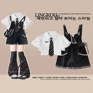 여름 안티에이징 큰 사이즈 여성용 한국 스타일 플라이 슬리브 셔츠와 레트로 슬리밍 데님 오버올 투피스 세트