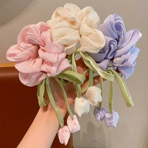 3Pcs 귀여운 튤립 꽃 대장 Scrunchie 여성을위한 달콤한 머리띠 헤어 밴드 헤어 타이 패션 소녀 헤어 액세서리