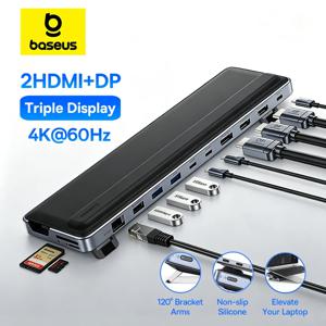 베이스어스 EH3 12-in-1 USB C 허브 HDMI DP 4K 60Hz 트리플 디스플레이 3.2 맥북 노트북용 PD 100W 타입 C 허브 스탠드 도킹 스테이션 포함