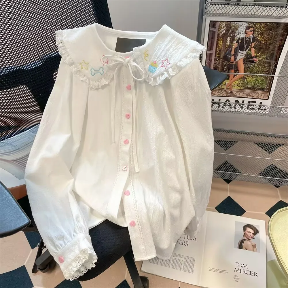일본 카와이 귀여운 로리타 블라우스 여성 빈티지 스위트 여학생 레이스 피터팬 칼라 셔츠 봄 자수 Y2k 탑 Mujer