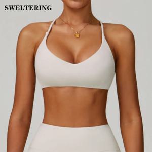 짐 브라 크로스 숄더 스트랩 스포츠 언더웨어 땀 흡수 피트니스 탑 여성 요가 브라 충격 방지 크롭탑 푸쉬업 운동 탑