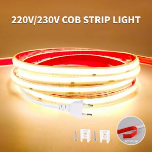 220V 230V COB LED 스트립 라이트 296 LEDs/m 고휘도 방수 유연 LED 테이프 리본 (실내 주방 야외 조명용)