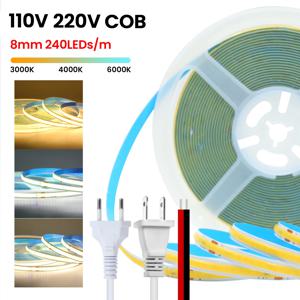 220V 110V 5m-20m COB LED 스트립 조명 EU/US 플러그/2핀 와이어 3000K 4000K 6500K 240LED/m 선형 조명 유연한 테이프 조명