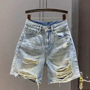 여름 신상 루즈핏 스트레이트 와이드 레그 미디움 팬츠 반바지 레트로 블루 찢어진 베거 데님 5부 팬츠 여성 청반바지