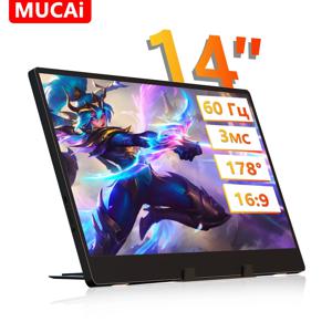 MUCAI N140-S36 14인치 휴대용 모니터 1366x768, 178 ° /60Hz, 내장 스피커, 2*Type-C, 미니 HDMI, 노트북/PS5/휴대폰용.