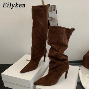 Eilyken 스트리트 스타일 겨울 뾰족한 발가락 여성 무릎 높이 부츠 섹시한 얇은 발 뒤꿈치 여성 신발 펑크 빈티지 롱 부츠