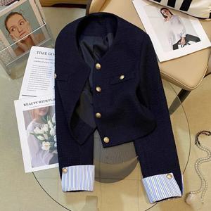가을 겨울 트위드 자켓 여성 한국어 스플 라이스 긴 소매 크로프트 자켓 여성용 패션 금속 단추 라운드 넥 코트