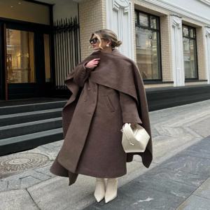 우아한 빅 스카프 칼라 여성 오버코트 캐주얼 솔리드 더블 브레스트 포켓 코트 2025 가을 신상 여성 출퇴근 아우터 ﻿