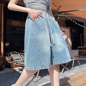 여름 남자친구 플러스 사이즈 청반바지 여성 캐주얼 루즈 와이드 레그 버뮤다 배기 데님 반바지 여성 레이스업 하프 숏 팬츠
