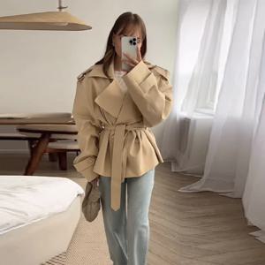 여성용 빈티지 카히 레이스 업 트렌치 코트 루즈 턴 다운 칼라 풀 슬리브 자켓 캐주얼 가을 뉴 레이디 스트리트 아우터웨어