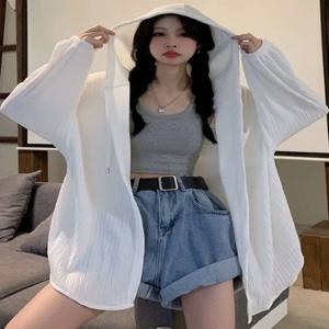 플러스 사이즈 300파운드 여성용 여름 자외선 차단 의류 긴 소매 후드 재킷 루즈한 카디건 스타일 하이 웨이스트 디자인