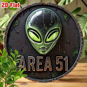 2D 플랫, 2D 플랫 라운드 빈티지 영역 51 UFO 외계인 벽 표시 - 복고풍 알루미늄 금속 장식, 7.87x7.87 인치, 실내/실외 사용, G