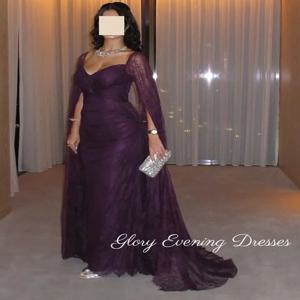 보라색 레이스 댄스 파티 드레스 바닥 길이 화려한 Strapless 이브닝 드레스 긴 소매 사우디 아라비아 공식 파티 드레스 맞춤형