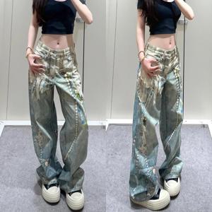 Y2K 배기 패션 신상품 3D 프린팅 레이스 진주 체인 스트레이트 튜브 여성 팬츠 하이웨이스트 청바지