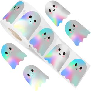 500pcs 할로윈 유령 스티커 롤 유령 레이저 스티커 할로윈 파티 호의를위한 장식 자체 접착 종이 데칼