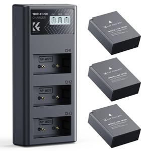 K&F CONCEPT NP-W126 배터리 충전기 세트 3개입 (후지필름 XM5 X100VI X100V XS10 XT30 카메라 NP-W126 배터리용)