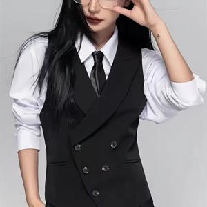 여성 캐주얼 수트 베스트 라펠 칼라 비즈니스 베스트 영국 스타일 고급감 건 라펠 칼라 슬림 조끼 재킷