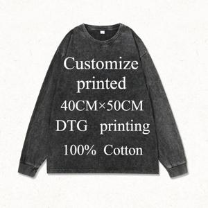 맞춤형 로고 남녀 티셔츠 100% 면 레트로 워싱 티 힙합 스타일 커플 긴팔 셔츠 스트리트웨어 DTG 프린팅