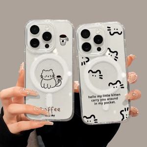 귀여운 고양이 디자인 맥세이프 무선 충전 케이스 (아이폰 17, 15, 16, 11, 12, 13, 14 Pro Max Air 마그네틱 충격 방지 투명 폰 커버)