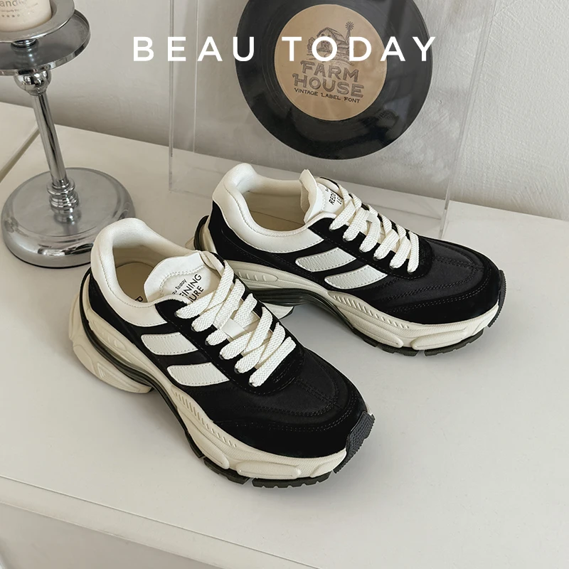 BEAUTODAY 청키 스니커즈 여성용 스웨이드 패브릭 라운드 발가락 레이스 업 패치 워크 야외 트레이너 여성용 스포츠 신발 수제 RU29488