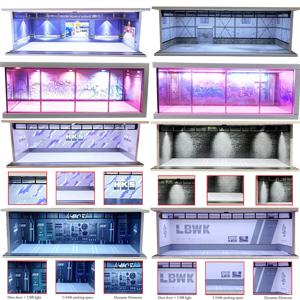 1/64 스케일 자동차 차고 디오라마 USB LED 조명 포함 사실적인 주차장 디스플레이 케이스 모델카 및 미니어처 차량용