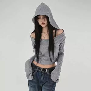 플레어 긴소매 후드 크롭탑 여성 가을 단색 탄력 캐주얼 티셔츠 풀오버 파일 칼라 Y2K 티셔츠