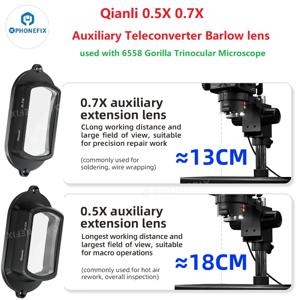 Qianli 0.5X 0.7X 보조 텔레컨버터 바로우 렌즈, 휴대폰 전자 수리용 고릴라 6558 삼안 현미경과 함께 사용