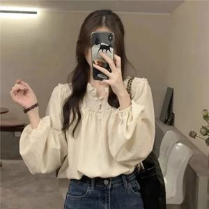 프렌치 스타일 레트로 퍼프 슬리브 블라우스 여성용 한국 패션 스플라이스 러플 쉬폰 셔츠 우아하고 시크한 디자인 셔츠