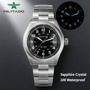 밀리타도 ML08 빈티지 쿼츠 시계 론다 515 무브먼트 아르 사파이어 미러 38mm 손목시계 날짜 표시 슈퍼 루미너스 방수 시계