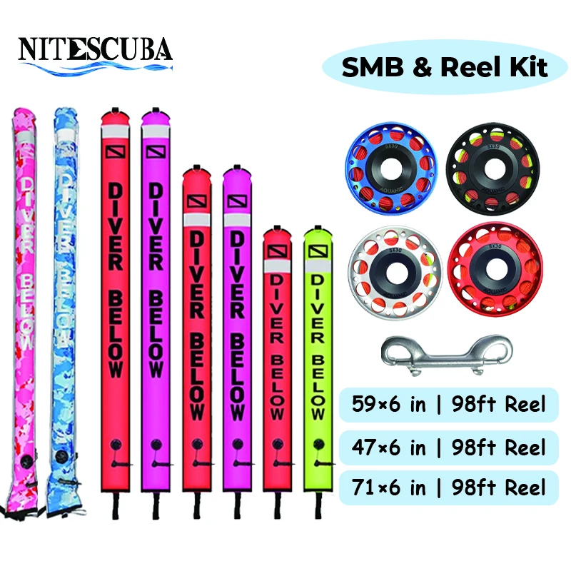 SMB 안전 인플레이터블 다이빙 부이 키트 - 210D 프리미엄 나일론 & TPU, 휴대용 부식 방지, 30m 알루미늄 스풀 포함.