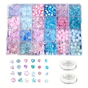 550개 24박스 세트 블루 핑크 시리즈 비즈 아크릴 비즈, 두 롤의 탄성끈 DIY 쥬얼리 만들기 키트