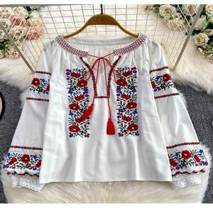 여성용 가을 보헤미안 블라우스 민족 자수 O넥 셔츠 캐주얼 리본 타이 루즈 탑 린넨-코튼 여성 풀오버 소녀 BL256
