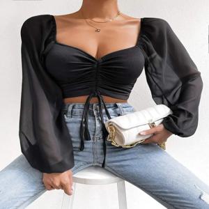 플러스 사이즈 여성 상의 드로스트링 프론트 시어 슬리브 크롭 티셔츠 플런지 넥 롱 슬리브 리브 니트 루치드 블라우스 봄 여름