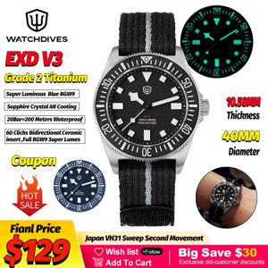 Watchdives EXD 40Mm 티타늄 다이브 시계 남성용 VH31 스윕 쿼츠 시계 200 방수 사파이어 BGW9 발광 316L 손목시계