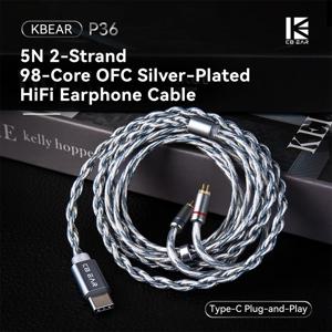 KBEAR P36 5N 2-스트랜드 98코어 OFC 은도금 하이파이 이어폰 케이블 타입-C 플러그 0.78mm 2핀 핀 업그레이드 하이파이 와이어 헤드셋 케이블