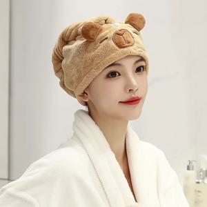 산호 양털 헤어 타월 랩 초흡수성 빠른 건조 카피바라 디자인 헤드 터번 가정용 스파 목욕 및 여성용 선물로 이상적