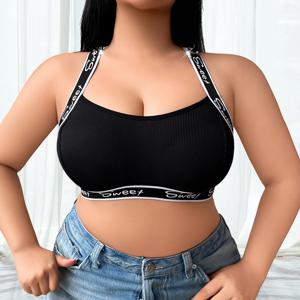 1개 블랙 플러스 사이즈 1XL-4XL 섹시 여성 브라 레터 장식 심리스 노패드 3/4컵 애슬레틱 브라 편안한 섹시 란제리