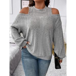 플러스 사이즈 1XL-5XL 여성 니트 스웨터 하프 하이 칼라 스플라이스 풀오버 솔리드 풀 슬리브 오프 숄더 스웨터