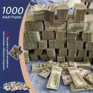 [1,000개 돈 예술 퍼즐] 1,000개 쌓인 백달러 지폐 예술 퍼즐 - 생동감 넘치는 돈 디자인 장식 - 사실적인 사무실 장식