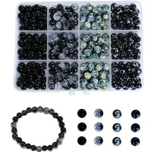 340개 8mm 아크릴 블랙 라운드 비즈 쥬얼리 만들기 세트 박스, DIY 팔찌, 목걸이 및 귀걸이 크리스마스용으로 적합