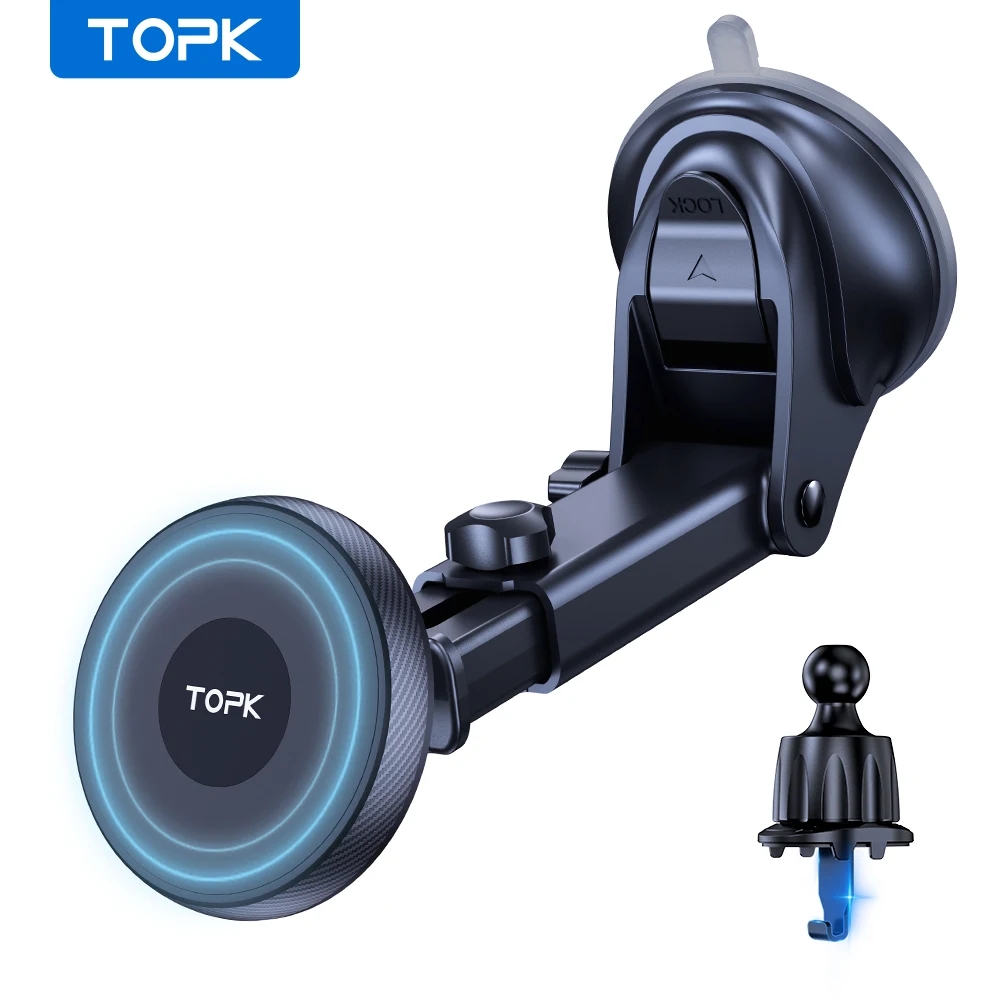 TOPK 유니버설 차량용 휴대폰 홀더 마그네틱 마그세이프 360 °   모든 휴대폰용 에어벤트 및 대시보드 윈드실드용 회전식 차량용 거치대
