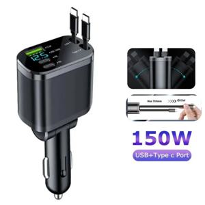 리트랙터블 차량용 충전기 5 in 1 USB 타입 C PD 차량용 충전기 차량용 시가 라이터 어댑터 전압 디스플레이 아이폰 샤오미 화웨이용