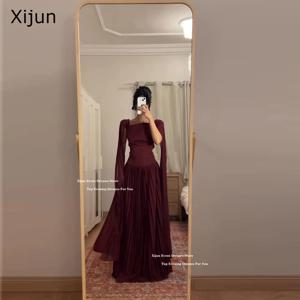Xijun 버건디 쉬폰 롱 이브닝 드레스 케이프 슬리브 A라인 플리츠 사우디아라비아 프롬 드레스 포멀 프롬 가운 맞춤 제작